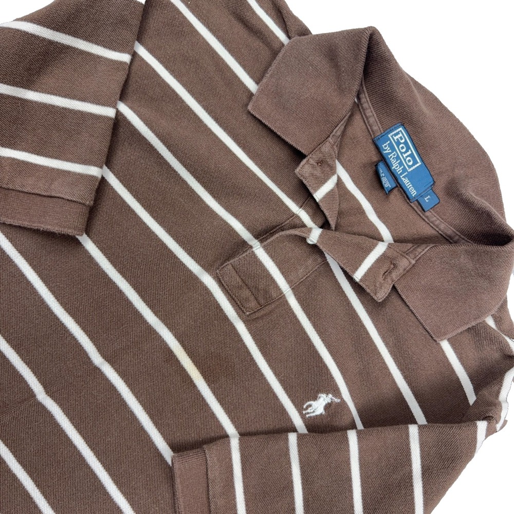 Vintage Ralph Lauren Polo Shirt Men Large Brown White Striped Mesh Rugby Y2K